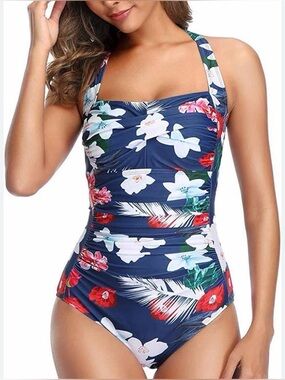 Smismivo Ruched Tummy Control One Piece Swimsuit Halter Hawaiian Print M